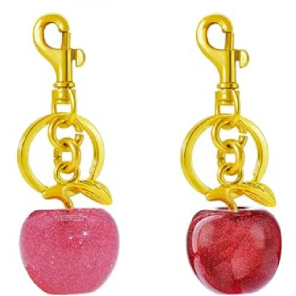 Red OR Pink Apple Purse Charm and Key Ring Gold Tone Hardware - Picture 2 of 11